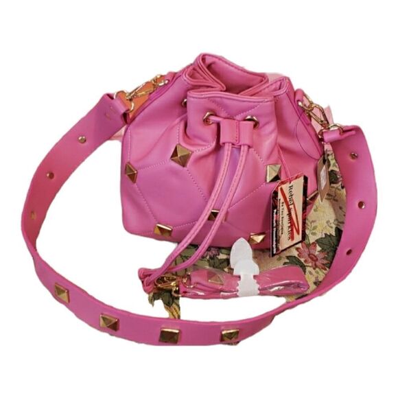Oversized goldtone studded Buckle Bag in Pink & Goldtone PU Leather - Picture 1 of 9